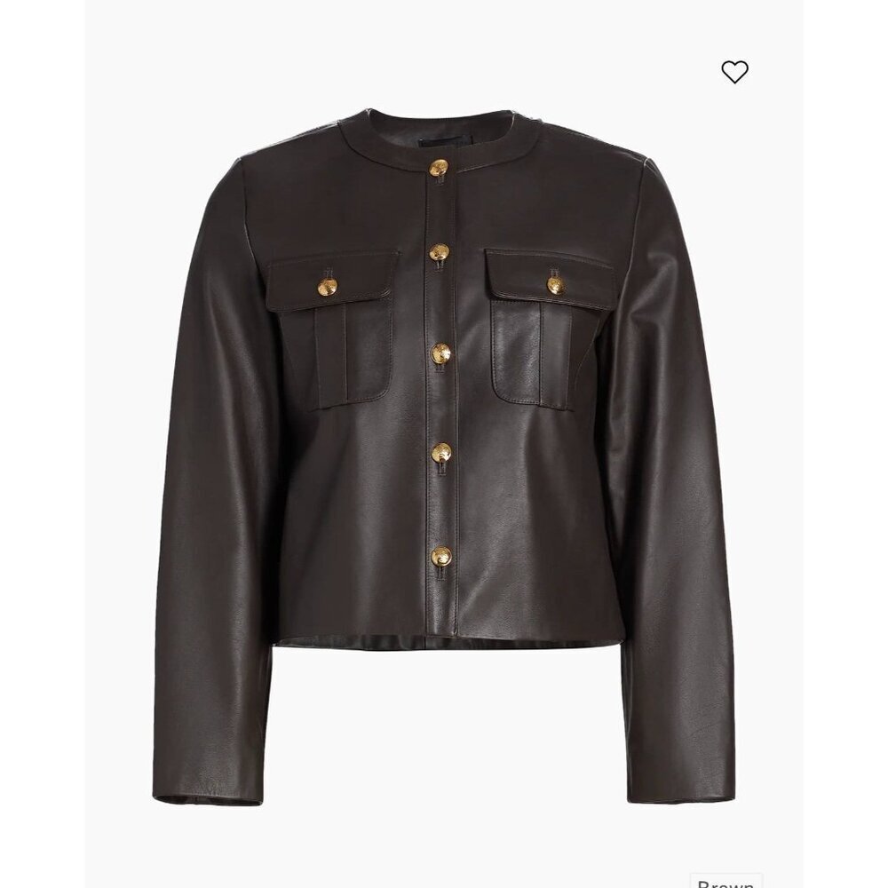 Nili Lotan Kitra Cropped Leather Jacket Brown Size Small Smooth Gold Buttons - Picture 3 of 9